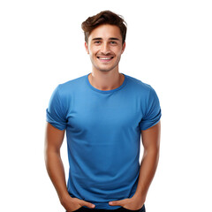 Fototapeta premium Smiling young man in blue t-shirt with hands in pockets and relaxed expression PNG Icon on transparent background 