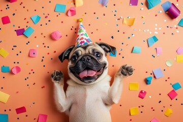 Happy pug wearing a party hat lying on a confetti-covered floor. This image captures the joy and playfulness of celebrations, perfect for party invitations or festive themes.