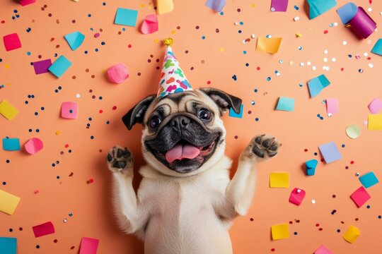 Happy pug wearing a party hat lying on a confetti-covered floor. This image captures the joy and playfulness of celebrations, perfect for party invitations or festive themes.