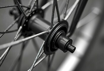 Fototapeta premium A close-up of a bicycle wheel hub with a metallic hub and spokes