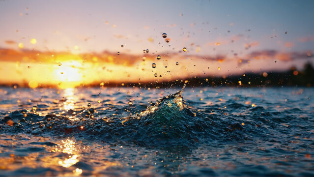 Dancing water droplets catching final sunset rays joyful exuberance celebratory burst festive summer party mood