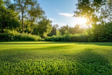 Landscape green lawn on the morning with Blue sky on the background. smooth lawn with curve form of bush, trees on the background under morning sunlight , ai