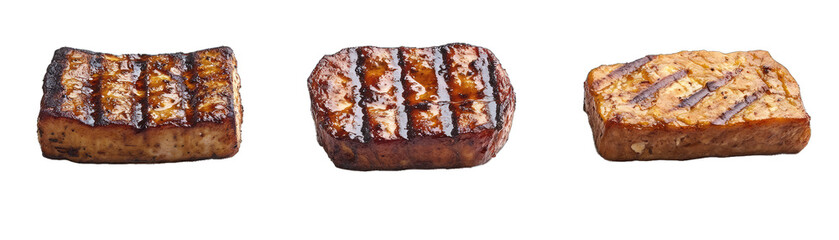 Marinated Tempeh, Tofu, and Seitan Steaks. Isolated on a Transparent Background. Cutout PNG.