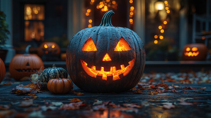Fototapeta premium A close-up of a jack-o'-lantern with a spooky expression, sitting on a porch with other Halloween decorations.