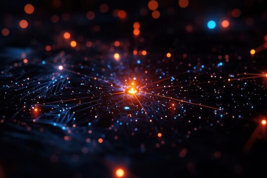 A network graph features a radial axis and node distribution, set against a futuristic sci-fi theme.