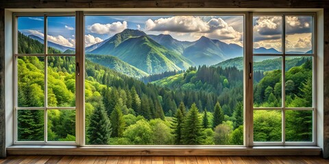 Lush green forest viewed through a grand window overlooking the mountains