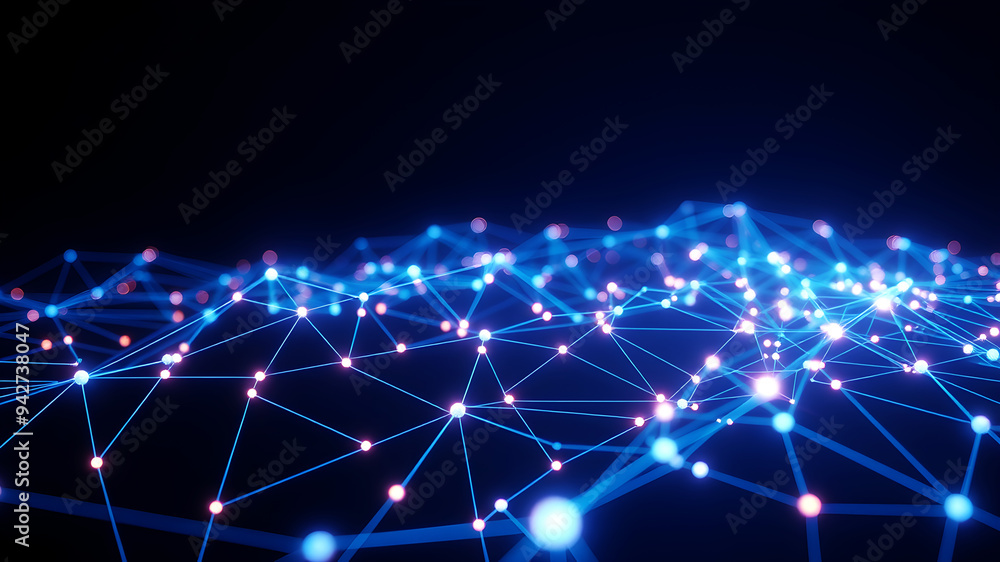Aufkleber a digital network of interconnected nodes and lines glowing in a dark blue background