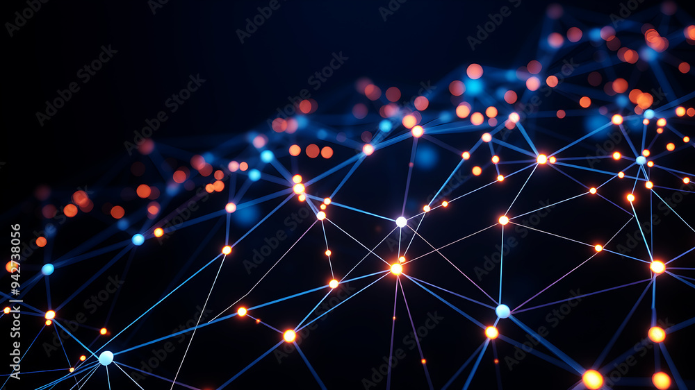 Aufkleber a digital network of interconnected nodes and lines glowing in a dark blue background