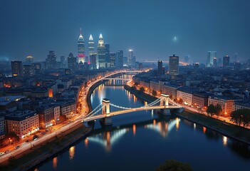 Obraz premium A nighttime aerial view of a large, densely populated city with many high-rise buildings, bridges, and waterways