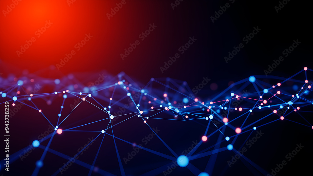 Aufkleber a digital network of interconnected nodes and lines glowing in a dark blue background