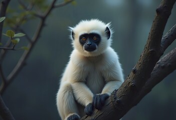 A white-furred gibbon with a serious expression sitting on a tree branch against a dark background