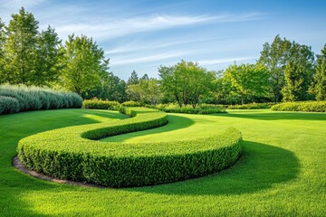 Landscape green lawn on the morning with Blue sky on the background. smooth lawn with curve form of bush, trees on the background under morning sunlight , ai