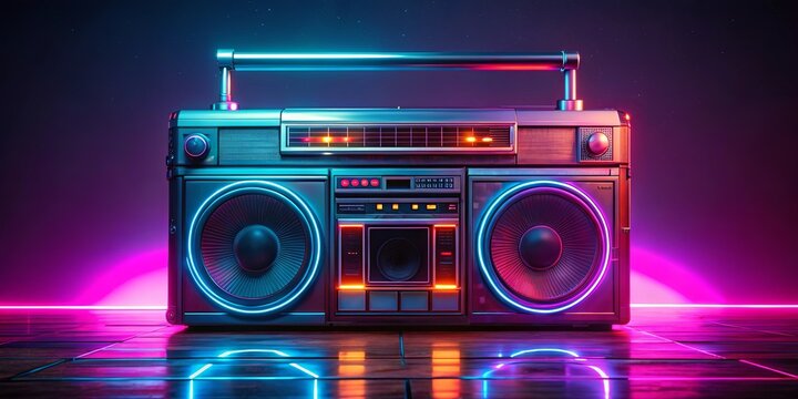 render of a retro boombox with neon lights, perfect for a vintage 80s music vibe