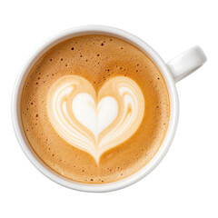 top view of cappuccino in white cup with latte art in the shape of heart on transparent background