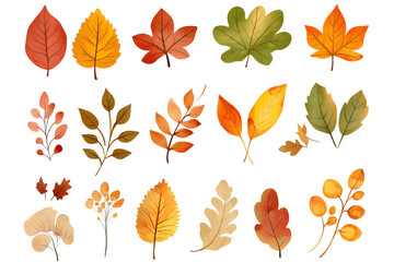 Obraz premium Watercolor autumn yellow leaves and plants collection isolated on white background