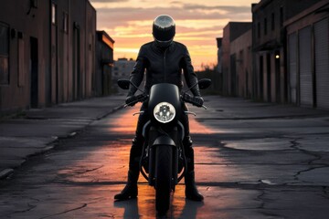 A Lone Motorcyclist Poised Against a Sunset Backdrop in an Urban Alleyway Exploring Solitude and Freedom. Generative AI