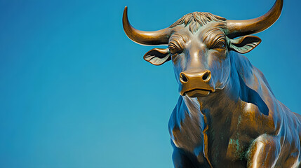 High-Angle Shot of Bronze Bull Sculpture: Capturing Its Imposing Presence Against Blue Sky