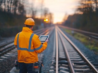 Railway maintenance crew utilizing digital tablet for track inspection and monitoring tasks