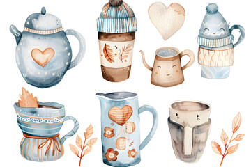 Cute watercolor illustration of autumn and winter hygge elements collection isolated on white background	