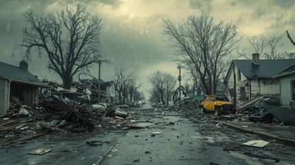 Storm-battered street, homes severely damaged, large trees collapsed, roofs torn off, intense clouds, bleak and somber tone, post-disaster scene