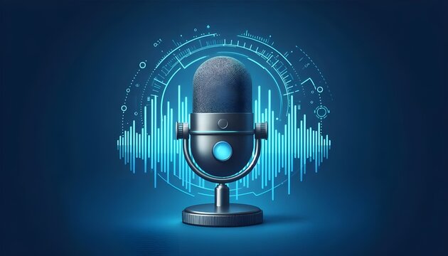 microphone with waveform on blue background, podcast banner concept