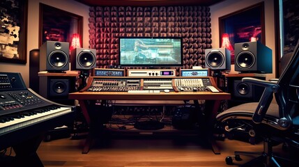Fototapeta premium Modern Music Record Studio Control Desk with Computer Screen. Equalizer, Mixer and other Professional Equipment.