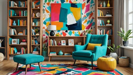 A stylish living room with a teal armchair, colorful rug, and bookshelves full of books.