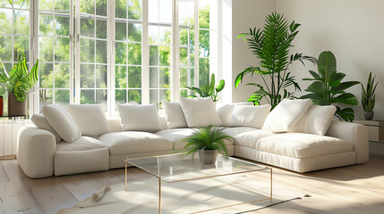 Bright living room with a large sectional sofa, glass coffee table, and indoor plants
