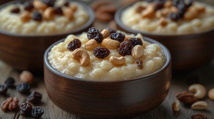 A dish of sheera (semolina pudding) garnished with raisins and cashews, offering a sweet start to the morning.