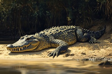With sharp details of scales and teeth, a crocodile rests on the riverbank, representing an ancient predator