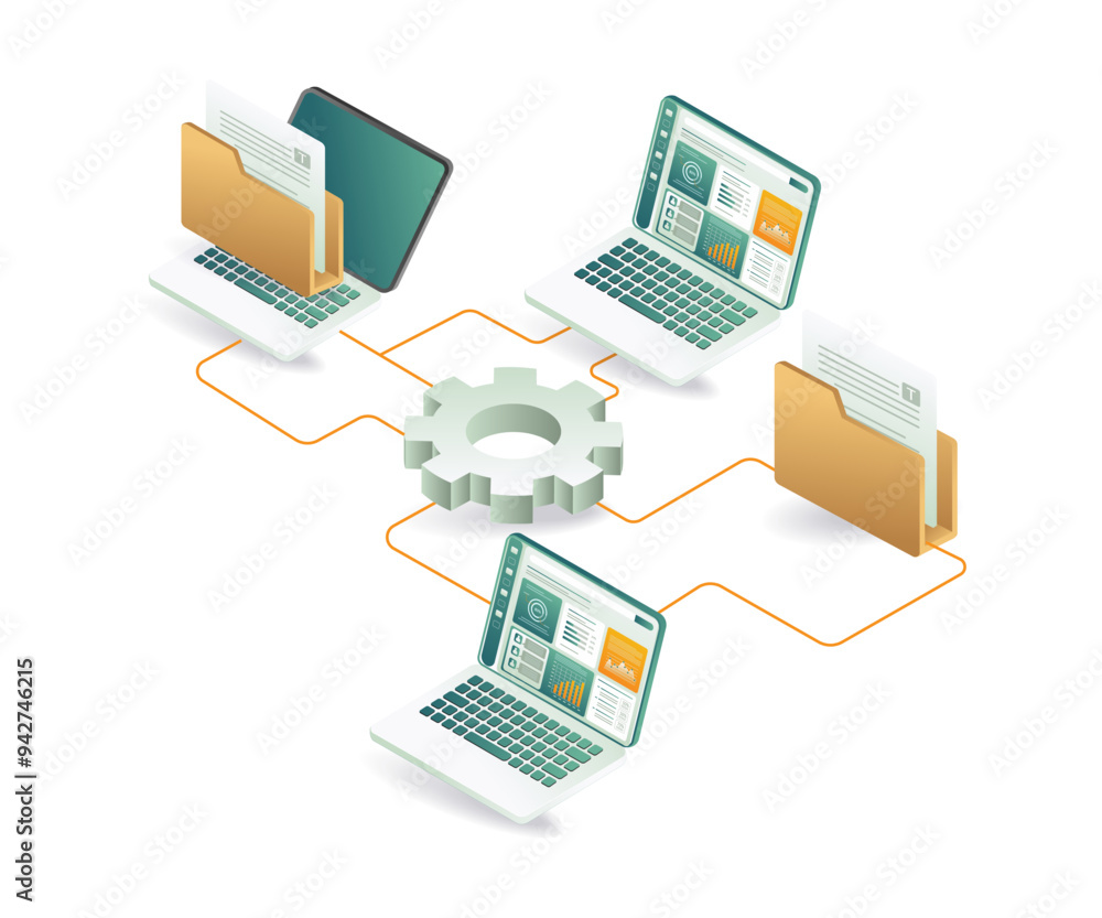 Poster three laptops connected to a folder and gear symbolizing network connectivity and system settings