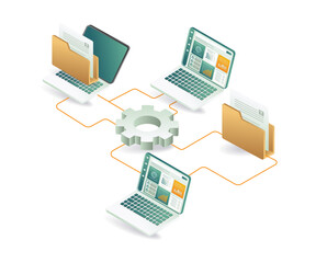 Three laptops connected to a folder and gear symbolizing network connectivity and system settings