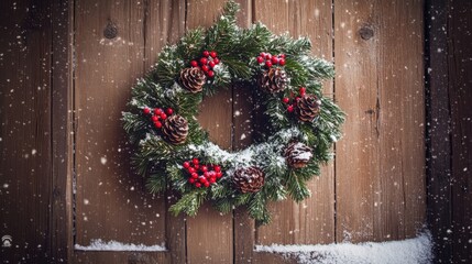 Fototapeta premium This holiday wreath features vibrant red berries and natural pinecones, elegantly displayed on a rustic door surrounded by falling snow, evoking winter cheer