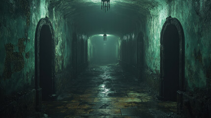 Obraz premium A forgotten underground bunker with flickering lights and long shadows, creating an atmosphere of claustrophobic horror.