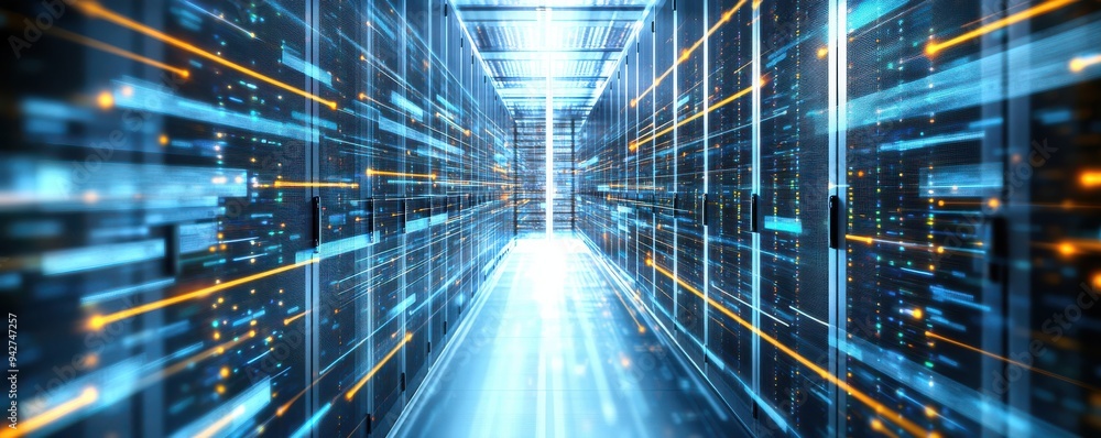 Poster futuristic data center interior with glowing lights and high-tech servers, representing advanced tec
