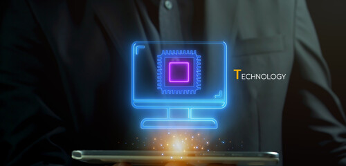 Technology concept. Global internet connection technology, digital marketing, financial and big data. Businessman shows glowing neon line of technology icon on virtual screen.