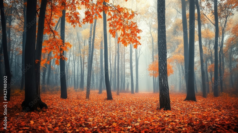 Poster a dense fog envelops the forest, creating a serene atmosphere as orange leaves carpet the ground and