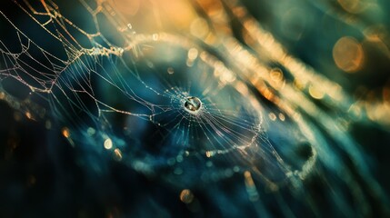 Dewdrop Trapped in a Spiderweb with Golden Bokeh