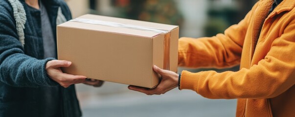 Two individuals exchanging a cardboard package, highlighting themes of delivery, logistics, and connection in urban settings.