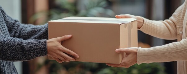 hands exchanging a cardboard box, symbolizing delivery and connection between people in a modern setting.