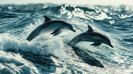 Fototapeta premium Two Dolphins Leaping Through Ocean Waves