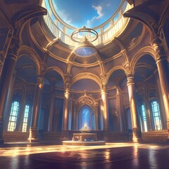 Obraz premium Majestic Palace Hall Interior: Fantasy Concept Art for Digital Games and Book Illustrations. Elegant Architecture with Ornate Details in Realistic 3D Rendering. Versatile Background for Marketing, Pos