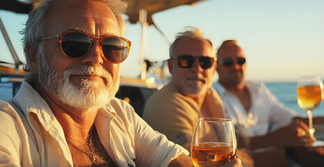 Three men are sitting on a boat, enjoying a glass of wine