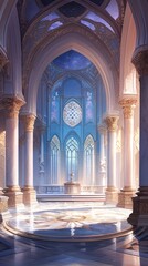 Fototapeta premium Majestic Palace Hall Interior: Fantasy Concept Art for Digital Games and Book Illustrations. Elegant Architecture with Ornate Details in Realistic 3D Rendering. Versatile Background for Marketing, Pos