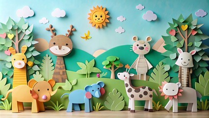 Naklejka premium Playful and cute paper craft animals in whimsical scenes