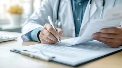 Doctor's Notes: A close-up shot of a doctor's hands meticulously writing notes on a patient's chart, capturing the dedication and precision of healthcare professionals.  