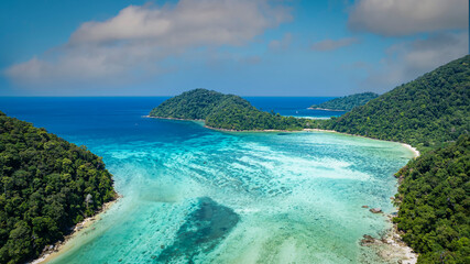 The aerial view with tropical seashore island in turquoise sea Amazing nature landscape