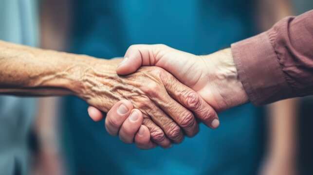 A Reassuring Handshake: A doctor and elderly patient share a warm handshake, signifying trust, empathy, and personalized care in a medical setting.