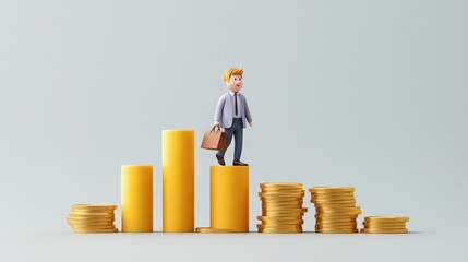 A miniature businessman stands triumphantly atop a bar graph, symbolizing financial growth and success in investment strategies.