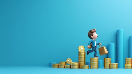 A stylized character climbing coins representing financial growth, set against a vibrant blue background.